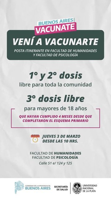 Posta itinerante de vacunación en las Facultades de Humanidades y Psicología de la UNLP